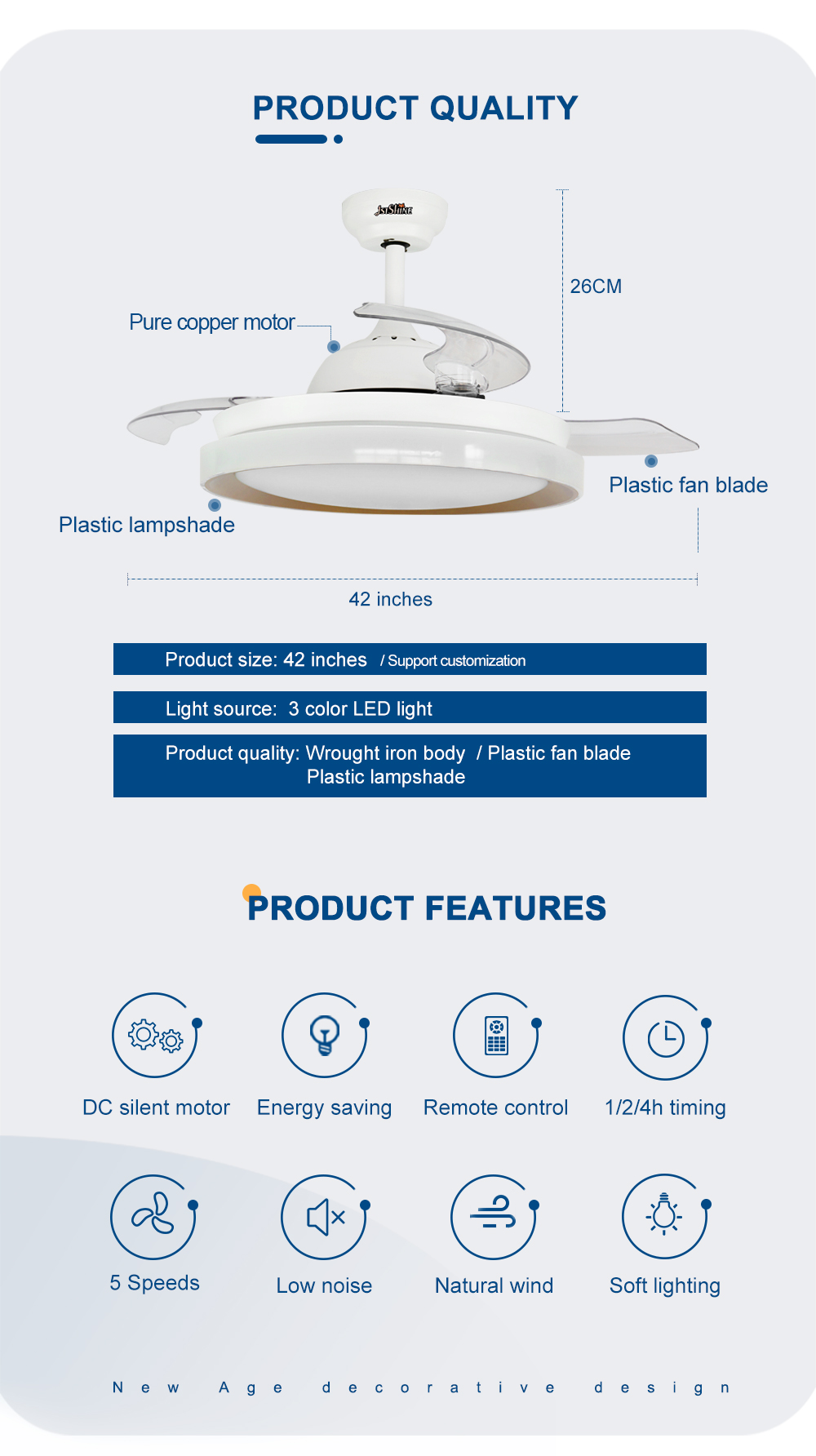AC/DC Motor Type LED Ceiling Fan with Folding Clear Blades 42 Inch Space Saving Design