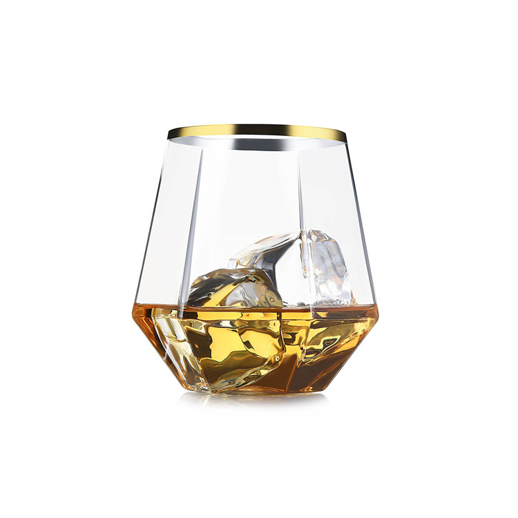 Cocktail Whiskey Diamond Stemless Plastic Wine Glasses 12oz Gold Rim