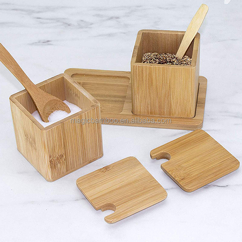 Direct from Complete Natural Bamboo Salt Spice Box 17x7.1x8.2cm with Lid Spoon and Tray
