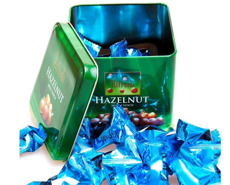 Hazelnut Tin Chocolate Selection Box CYMK Printed Square Looking Alfredo