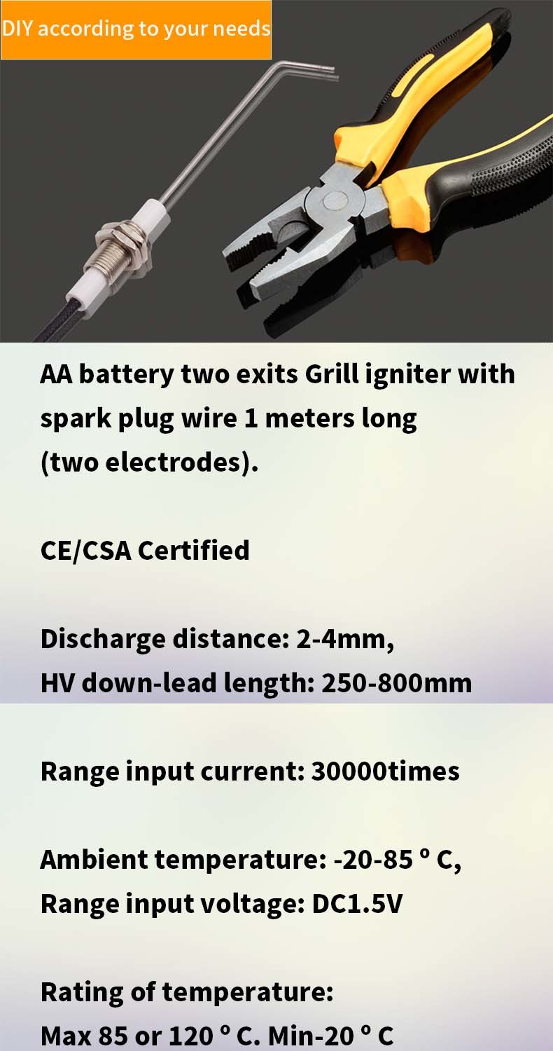 AA Battery Two Exits Grill Igniter With Spark Plug Wire 1 Meters Long Two Electrodes