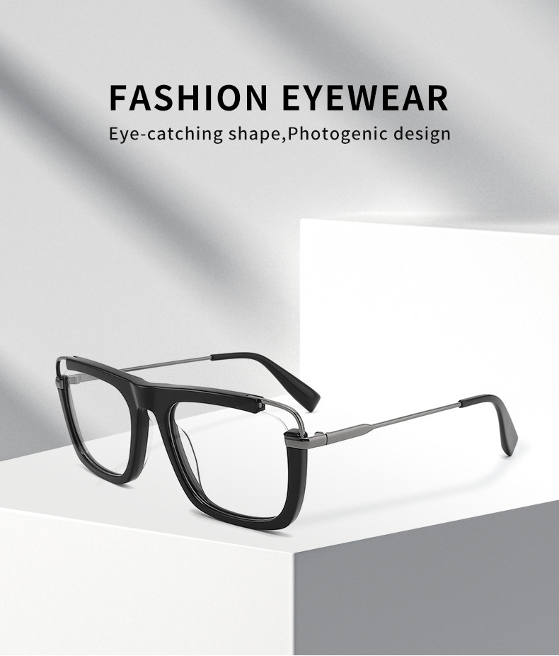 Unisex Square Acetate Metal Glasses Flat Top Big Eyeglass Frames