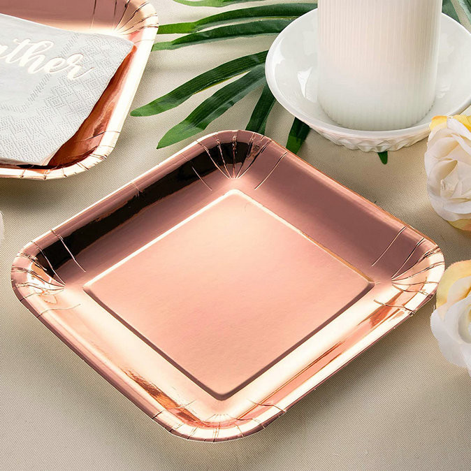 Square Rose Gold Disposable Dinner Plates For Wedding Anniversary