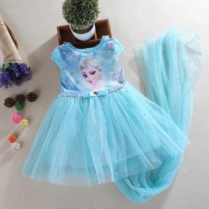 China Frozen series princess short sleeve girl's 100% cotton lining sequins cosplay dress with long cloak wholesale