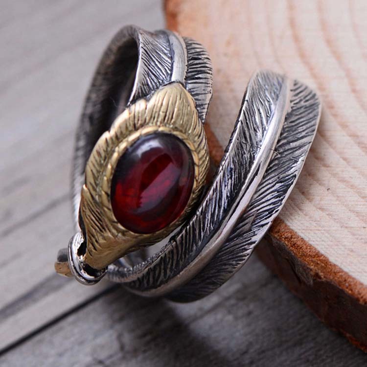 Red Agate Oxidized Feather 925 Sterling Silver Adjustable Ring (052639RED)