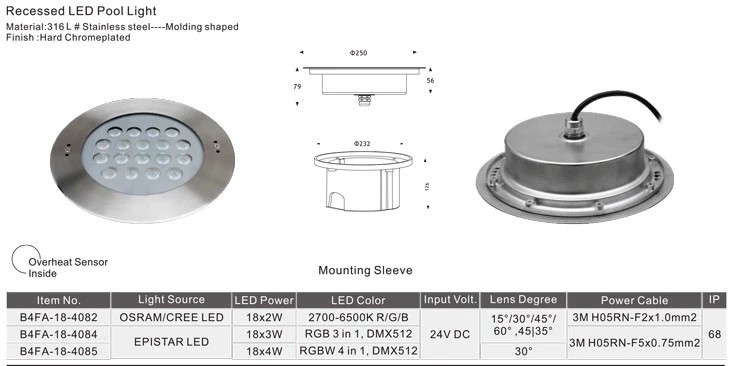 Rgbw Underwater LED Lights Recessed Type , 72W Dmx Pool Light 2 Years Warranty
