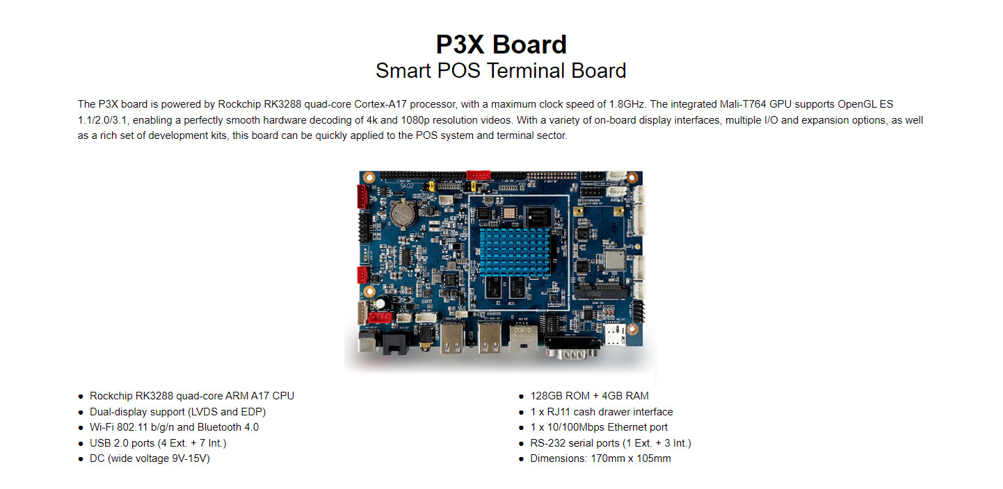 P3X Smart POS Terminal Mainboard with Primary LVDS, Secondary LVDS, Primary EDP, Secondary EDP