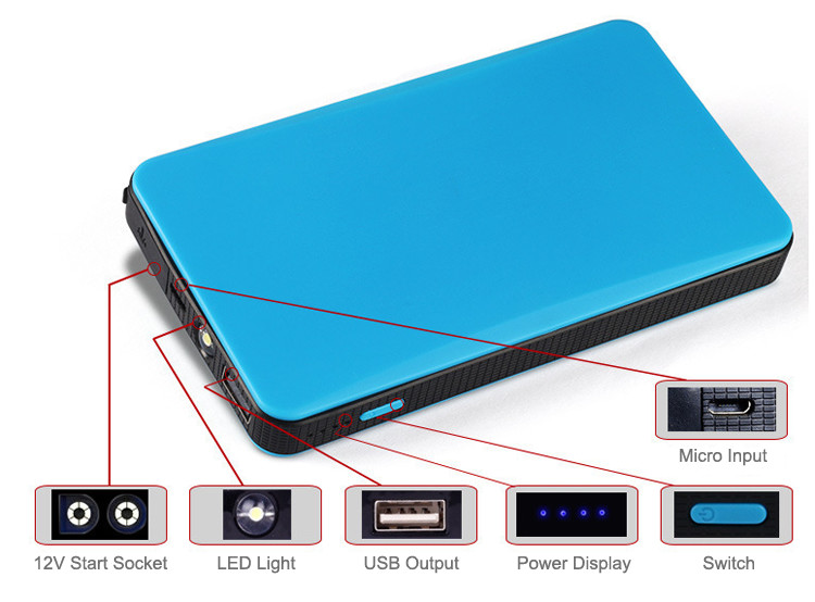 High Power Car Jump Starter Emergency Tool Charger 4USB Multifunction 12V Car Jump Starter Power Bank China with LED Lig