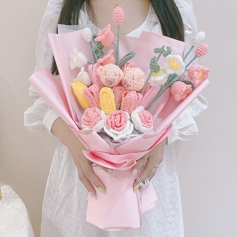 Hand-knitted Yarn Flower Bouquet - Macaron Color Crochet Floral Gift for Girlfriend & Bestie