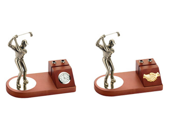 Wooded Base Golf Trophy Cup Multi Functional With Pen Container & Clock