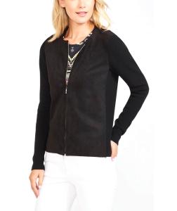 China Knitted Ladies Cardigan Sweaters , Faux Suede Front Black Cardigan Sweater wholesale
