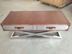 Stainless Steel Frame Side Coffee Table Top Genuine Leather Italian Style