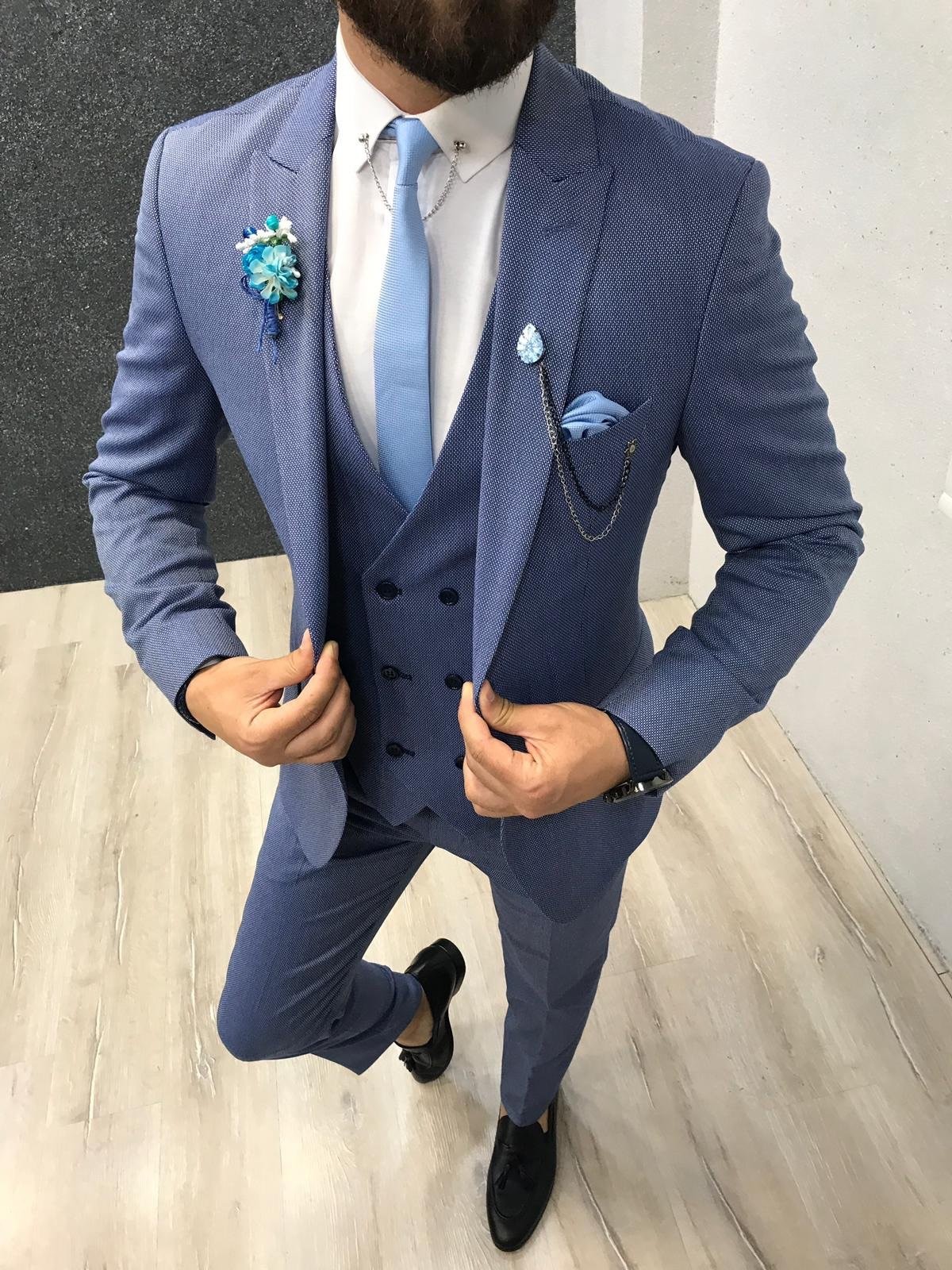 70% Wool 30% Poly Blue Groom Tuxedo Suit For Wedding