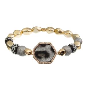 China Handcraft Stretchy Brass Bead Bracelet 20g Grey Leopard With Gold wholesale