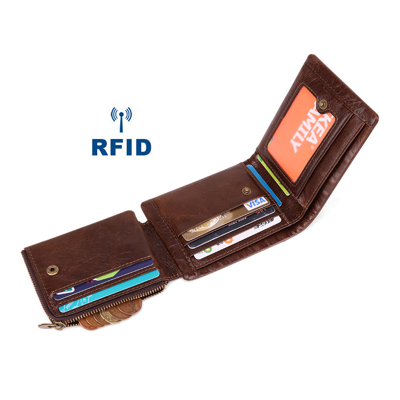 Men's Genuine Leather Trifold RFID Blocking Zipper Coin Card Purse with Fashion Style