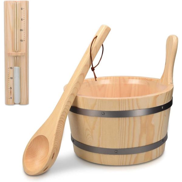 Traditional Sauna Wooden Bucket With Pocket Spa Essential Accessory For Steam Bath Pine Wood Bucket Liner Pocket Plastic Sand Timer