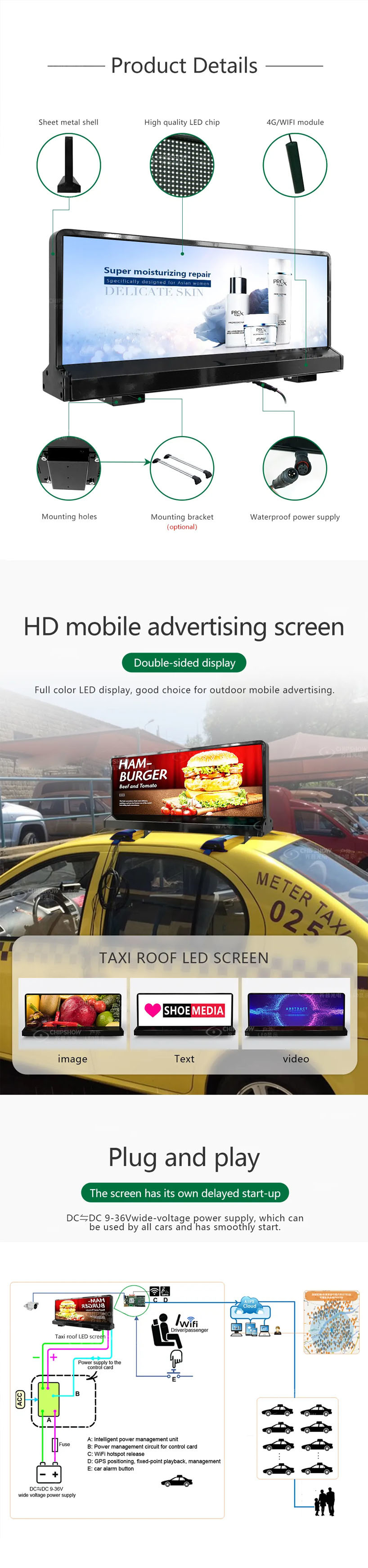 P2.5 P3.33 P4 Taxi Top LED Display Car Outdoor Video Advertising Screen