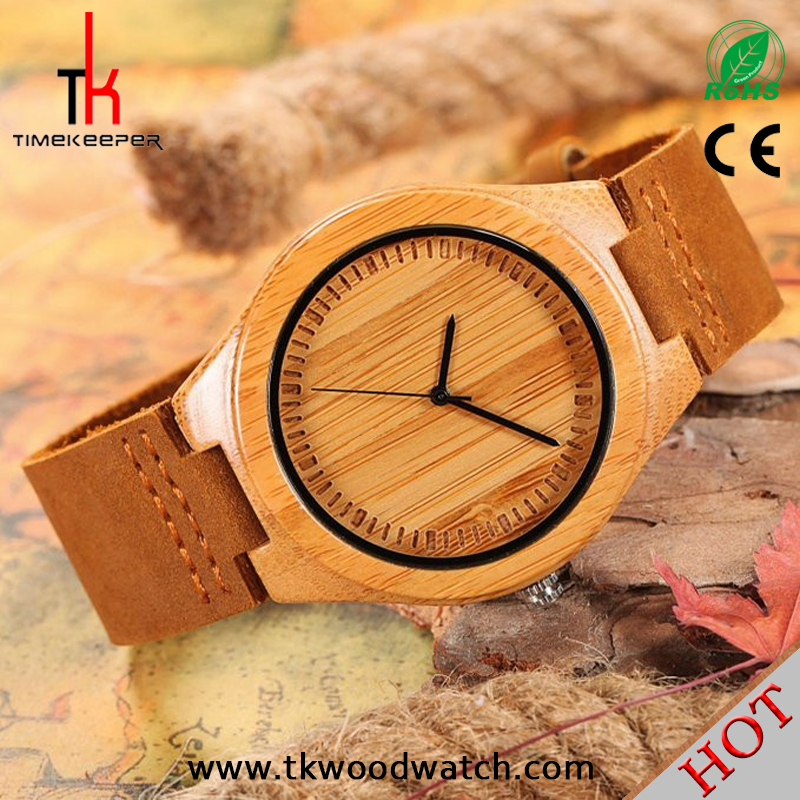 2016 Factory price Hot selling Leather strap Ronda movement quartz bamboo watch
