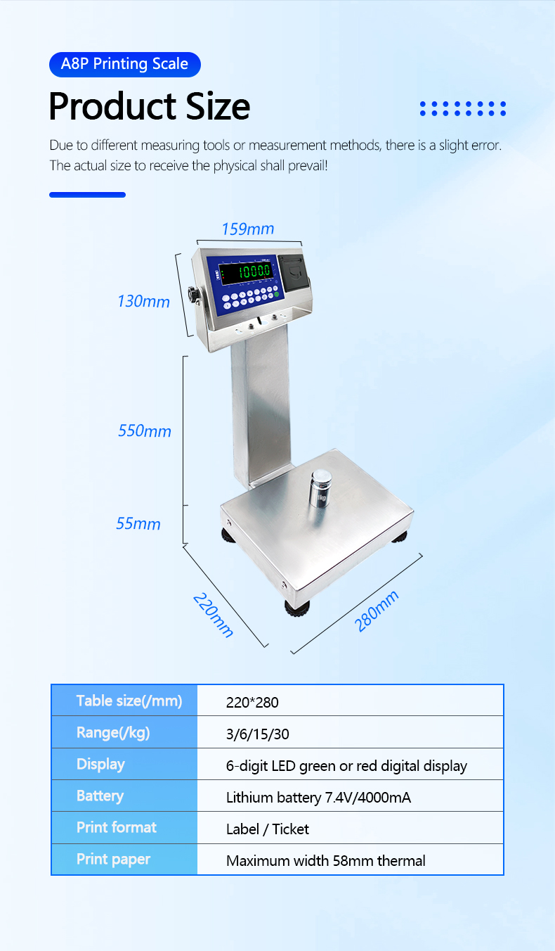 30kg Maximum Range LED Display Stainless Steel Waterproof Printing Platform Industry Scale