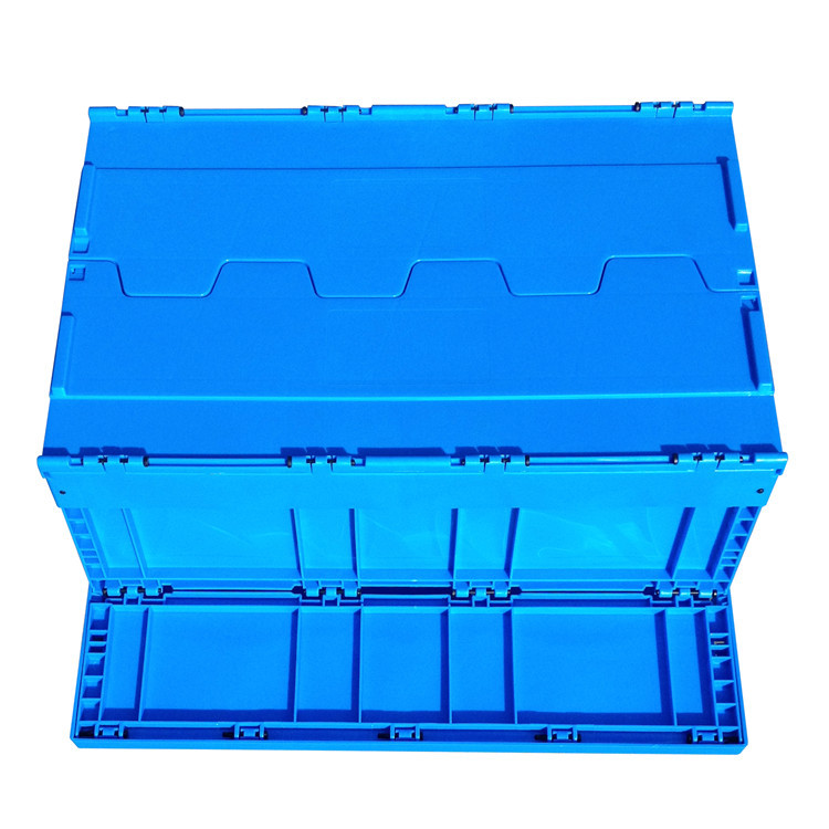600*400*368 Mm Logistics Collapsible Plastic Box Attached Lids Blue Color