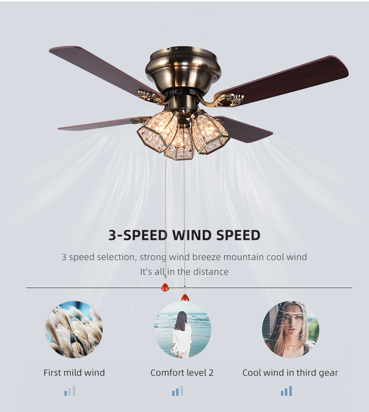 Minimalist Style Antique Brass Crystal Led Ceiling Fan 100lm/w 48inch 4 Blades