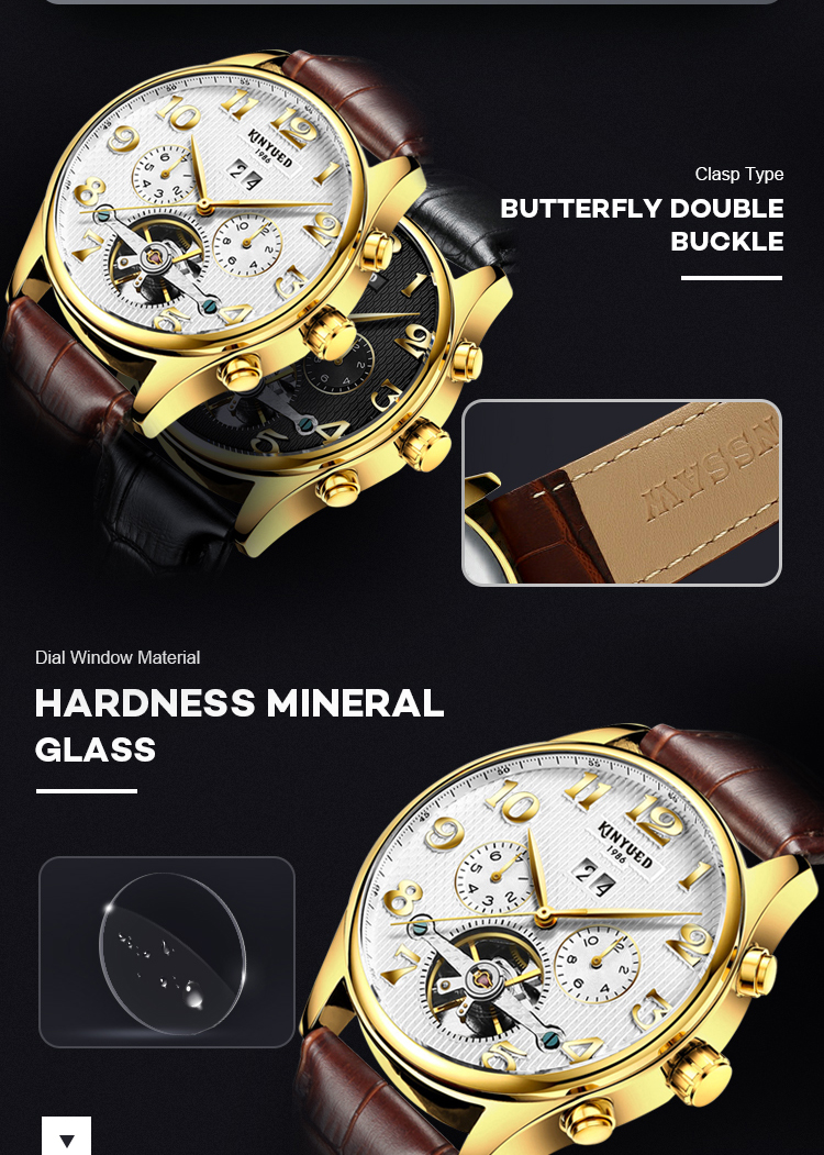 luxury brand custom Logo Waterproof Skeleton Leather stainless steel Automatic Mens Tourbillon Watches