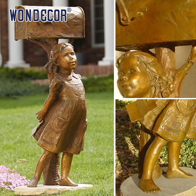 Little Girl Under A Copper Sculpture Metal Decorated Mailbox In Garden Courtyard