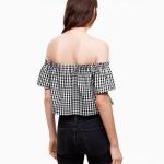 Latest Clothing Ladies Fashion Summer Top Cotton Plaid Off Shoulder Blouse for