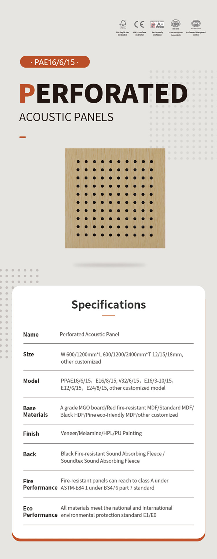 15mm 18mm Thick Micro Perforated Acoustic Panels E1 Grade 0.8 NRC Sound Absorption