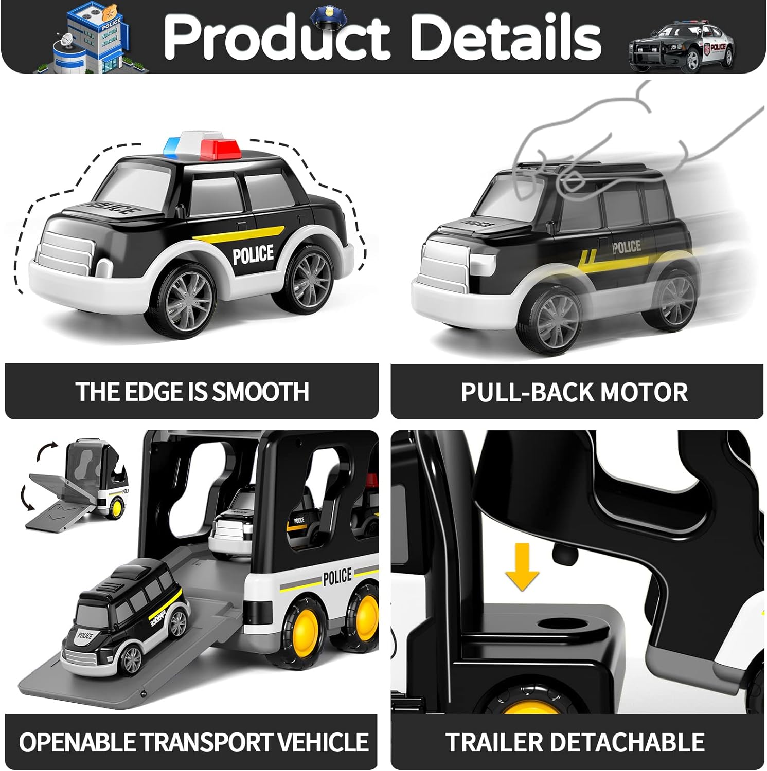 Friction Power Toy Car 7 in 1 Police Truck Toys for Toddlers 3-5 Years Old Scale 1 18