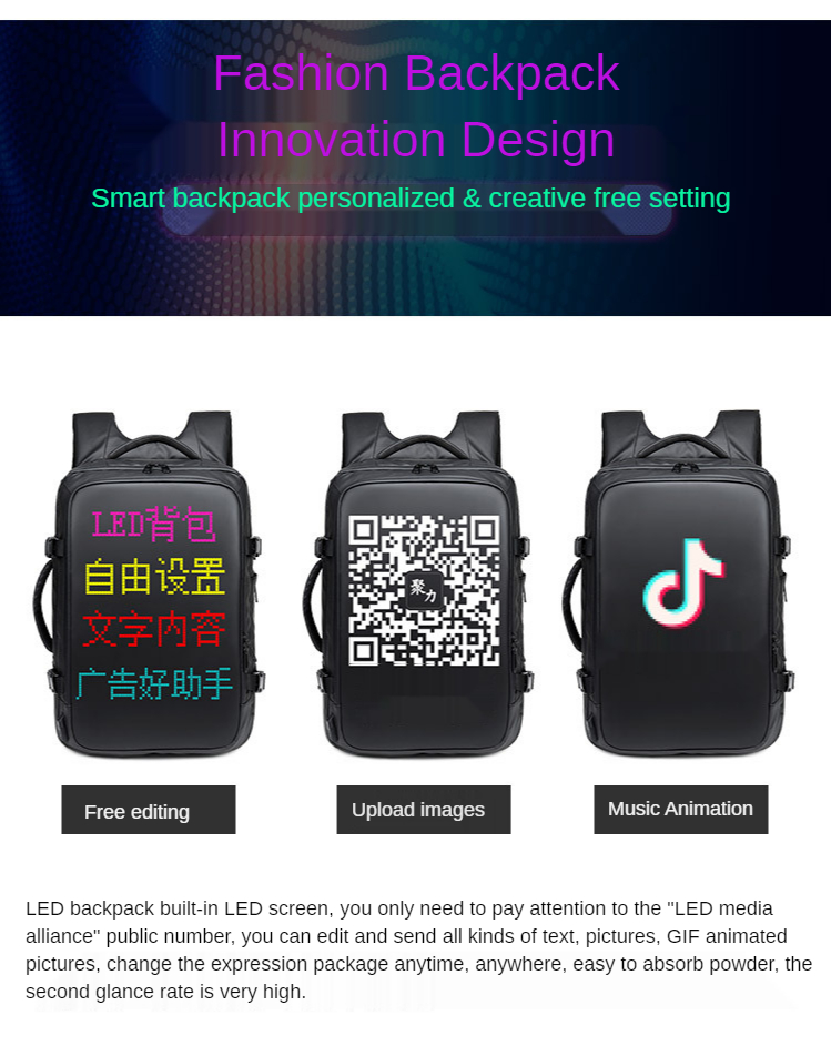ISO9001 28 Litre Smart LED Backpack Waterproof Travel Bag