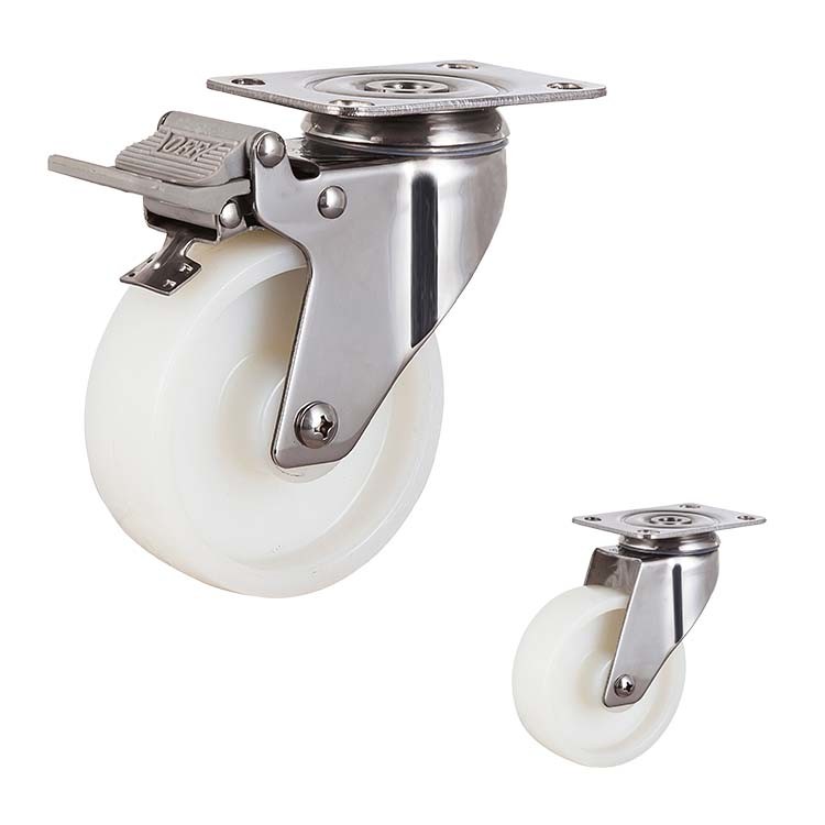 100mm White Solid Nylon Wheels 304 Stainless Steel Swivel Casters With Brakes Wholesales
