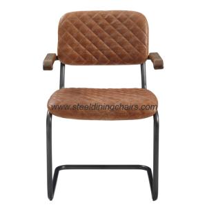 China Steel Frame Wood Armrest OEM ODM Retro Leather Dining Chairs wholesale