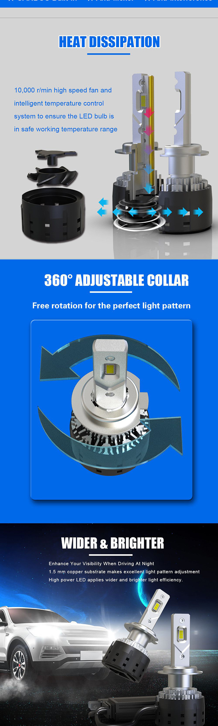 6000K High Lumen LED Headlight Bulbs , Super Bright H4 100w Headlight Bulbs