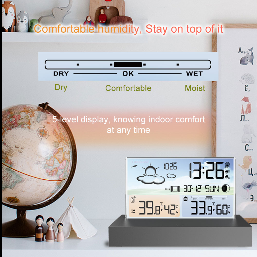 Multi Functional Electronic Weather Forecast Alarm Clock Desktop Transparent Glass Color Screen RF Wireless