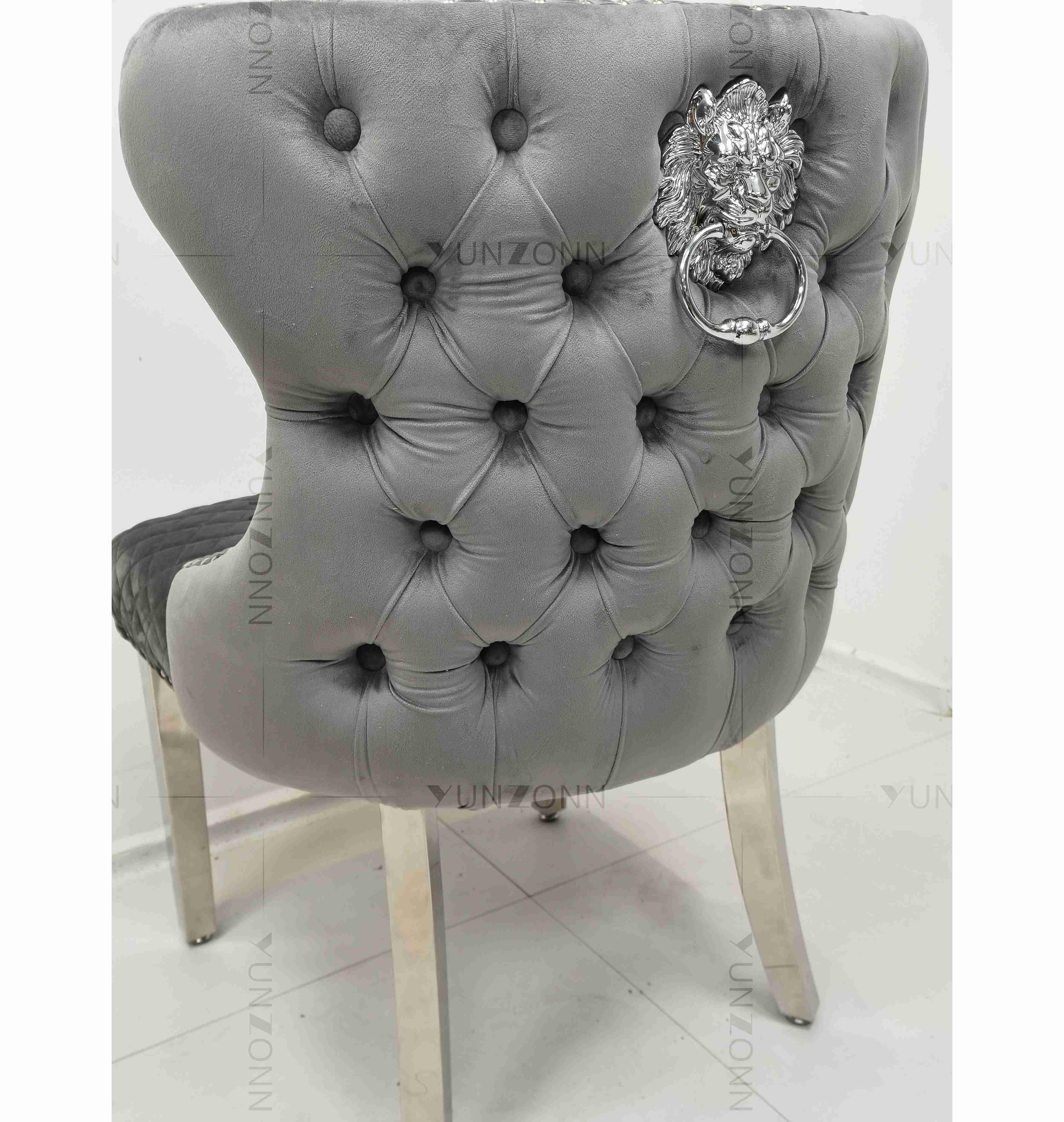 Gray Power Lion Buttoned Back Dining Chair Padded Dining Room Chairs Silver Stainless Steel Legs