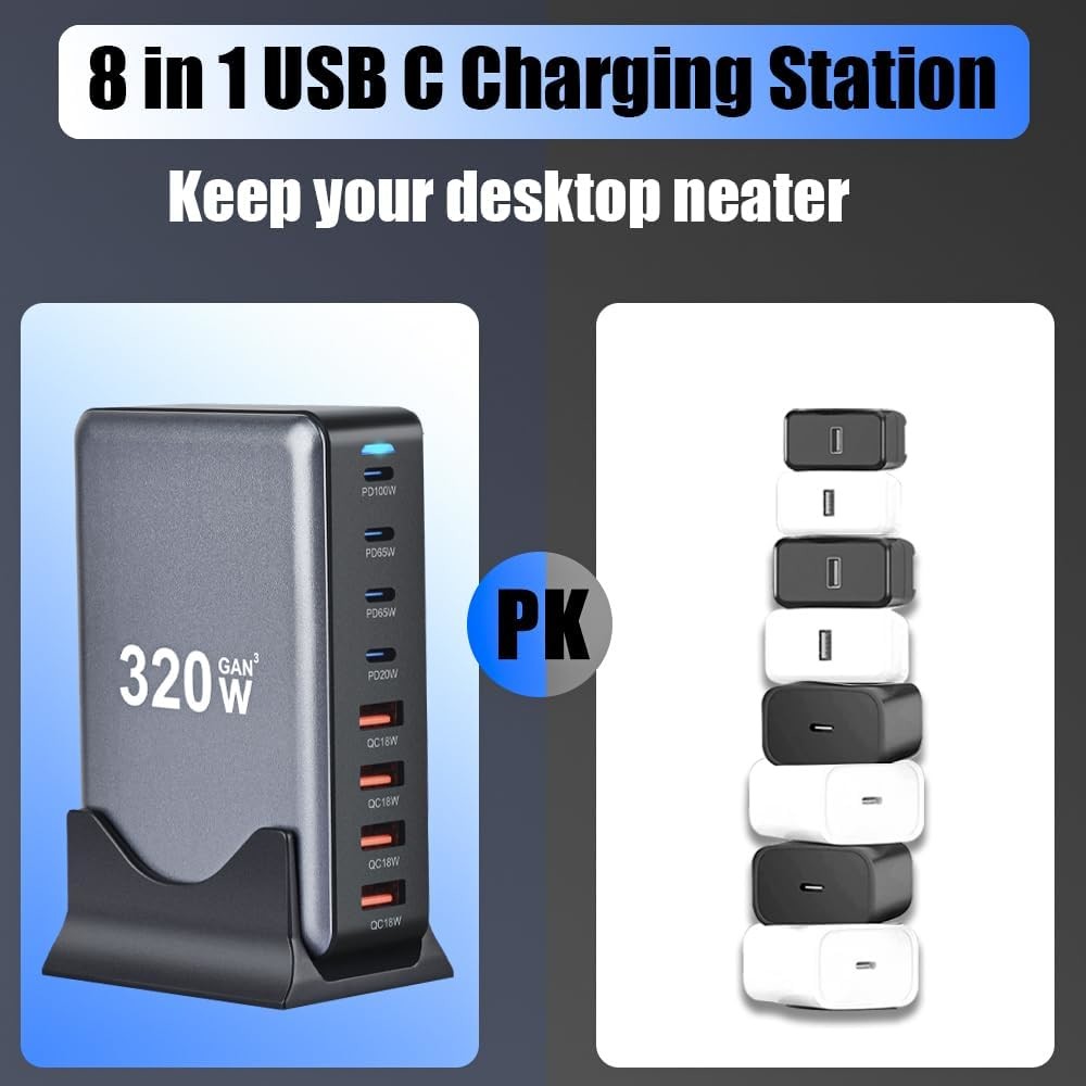 Multi Port Desktop GaN Charger 320W Fast Type C 100W 45W PD 20W For Laptop