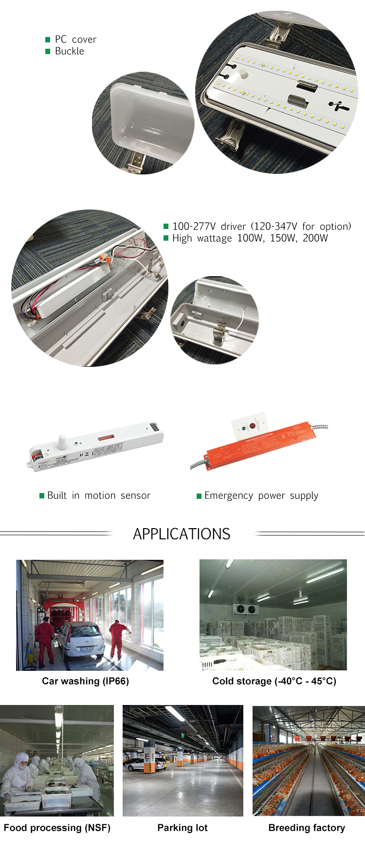Waterproof IP66 LED Vapor Tight Linear Light for Tri-proof Fixture Car Washing Garage