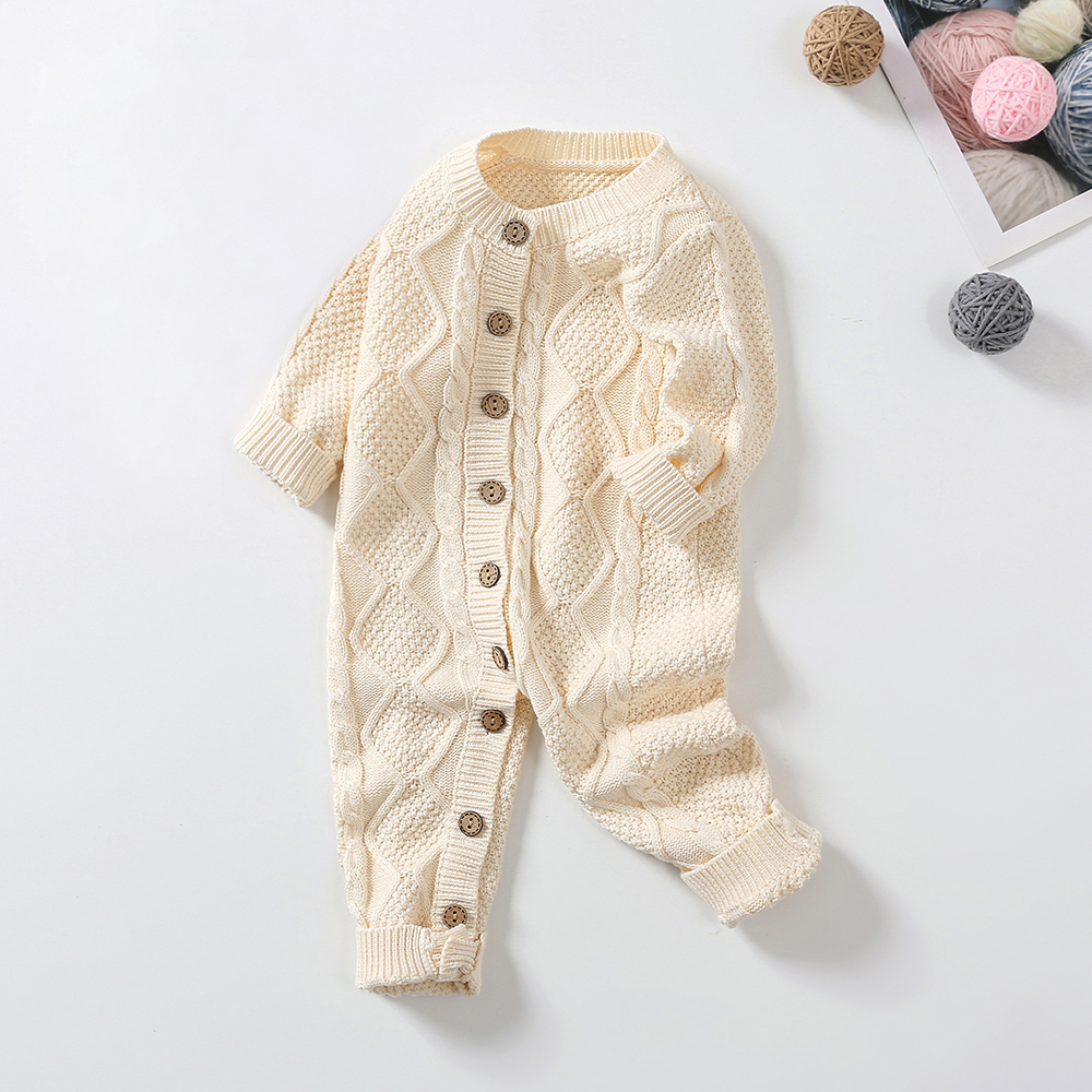 Custom Baby Winter Bodysuit 100% cotton Cable Knitted New Born Baby Rompers Sweaters Sets With Hats