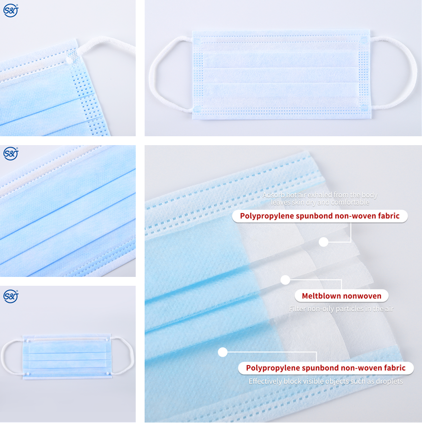 S&J Face Mask Blue/white/black 3Ply Disposable Medical Masks cool Breathable Filter Non Woven Earloop face mask