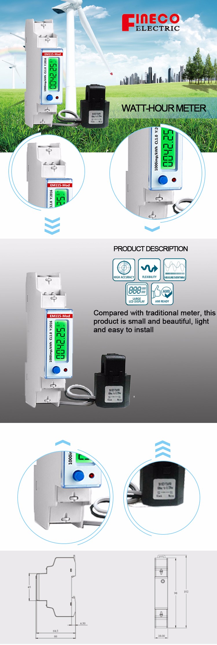 EM115 CT 1 Module Self Power LCD Display Digital Electric Meter Reverse