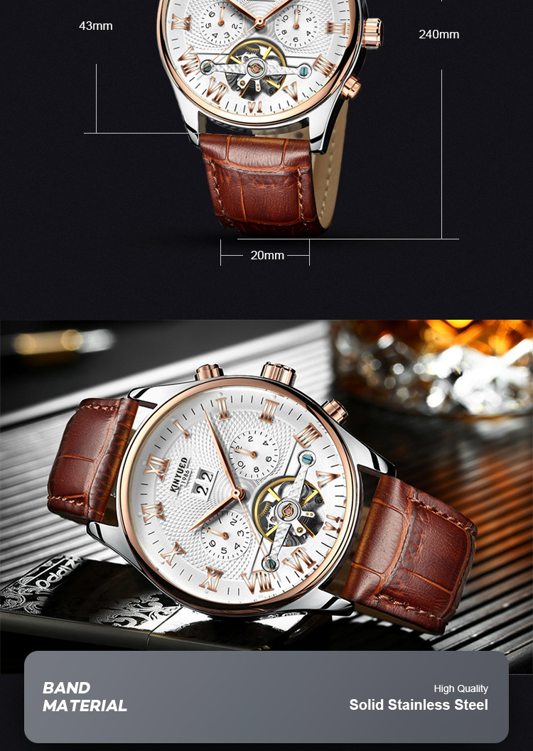 Charm 3ATM leather strap skeleton automatic mechanical men wrist tourbillon watch
