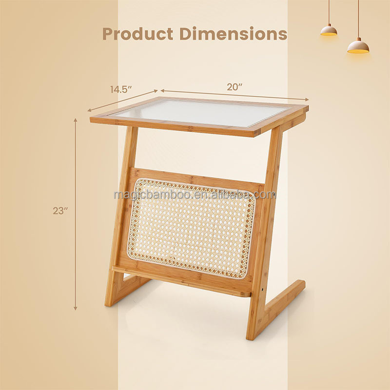 Natural Color Z-Shaped Bamboo And Rattan End Table With Glass Top And Magazine Rack