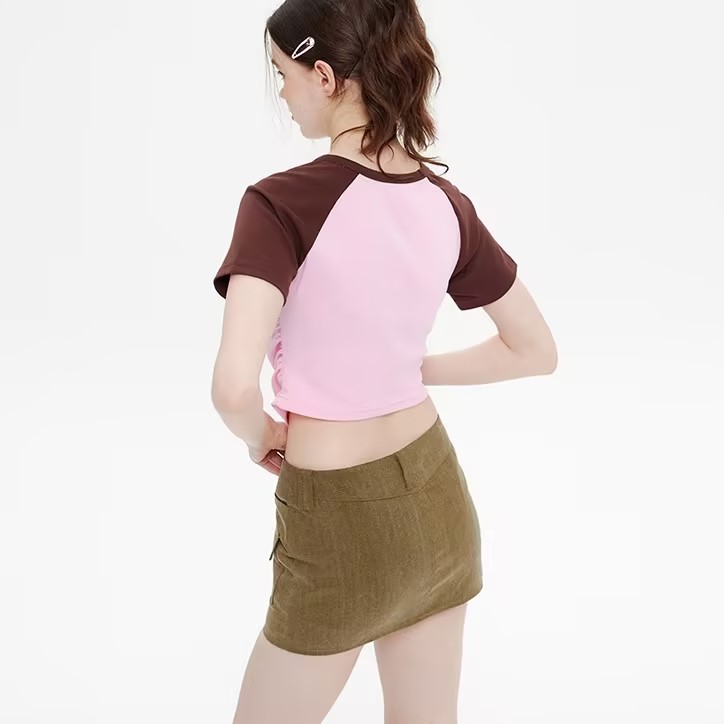 Customized American Retro Street Stitching Contrast Color Y2K T-Shirt Summer for Women