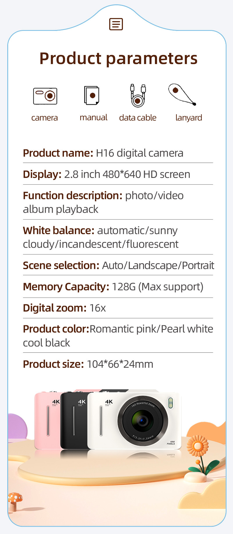 Retro Digital Camera 4K for Travel 2.8" IPS Screen 16X Digital Zoom Anti-shake Vlogging Mini Digital Cameras