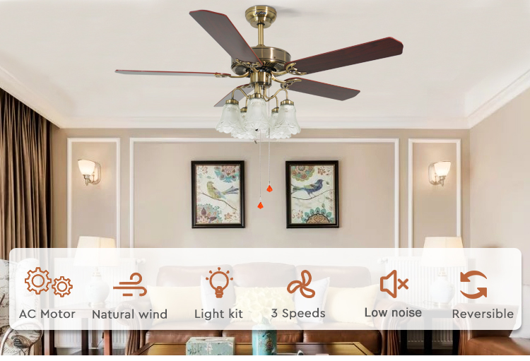Standard Wind 52" Reversible Motor Classic Design Pull Chain Ceiling Fan with 5 Plywood Blades