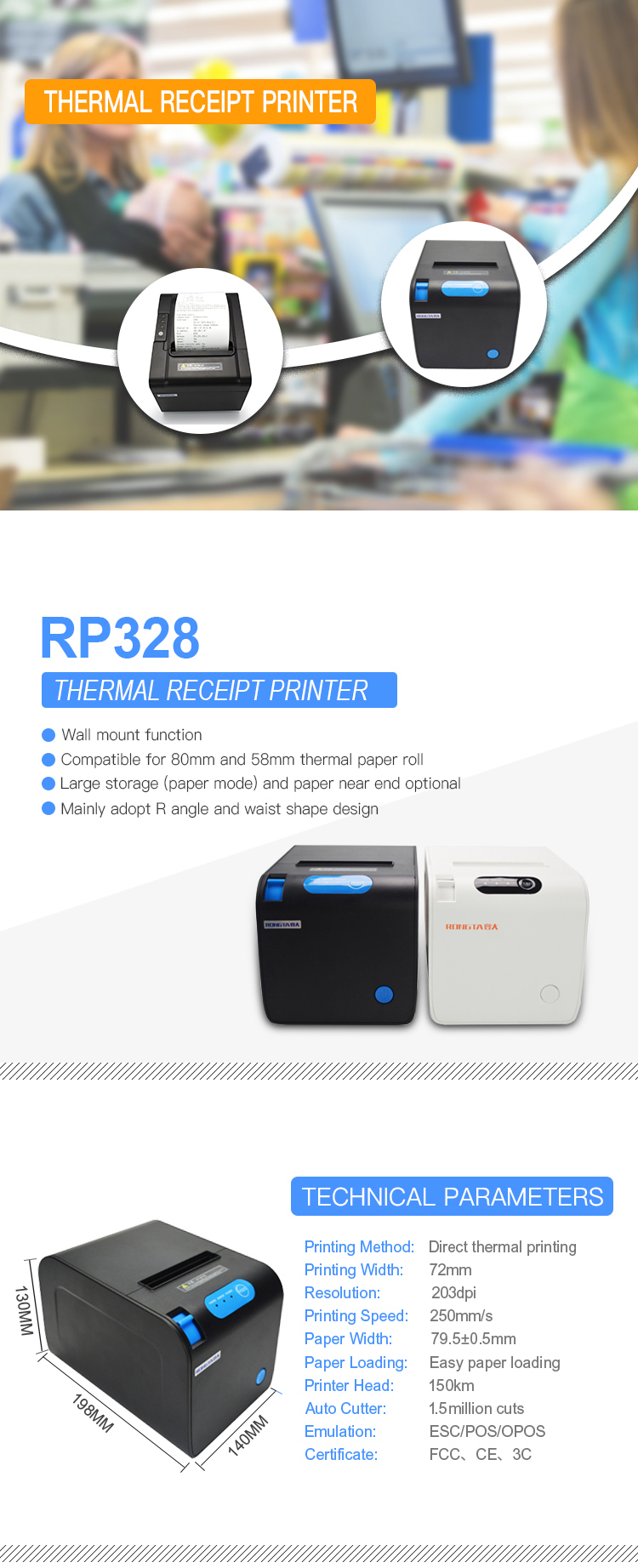 Mini Portable Android 80mm Thermal Printer RP328 Portable Bluetooth Receipt Printer