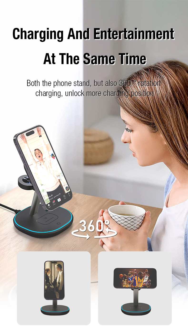 ABS 15W Qi Magnetic Multifunctional Wireless Charging Desktop 3 in 1 Stand for Iphone