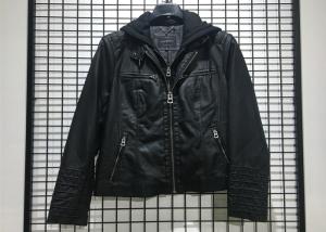 China Autumn Black Mens PU Jacket Faux Leather Biker With Detachable Knit Hood wholesale