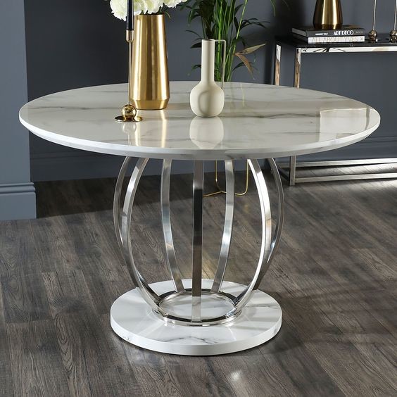 Savory Marble Top Stainless Steel Silver Dining Table With Chairs Set H75cm